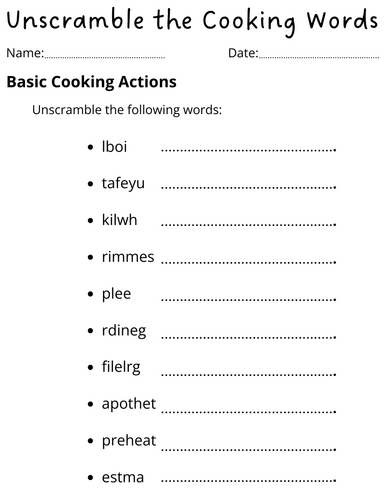 printable basic cooking terms unscramble worksheet answer key