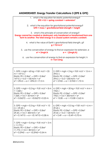 GCSE Physics Worksheets Energy Transfers (EPE & GPE) Calculations w solutions