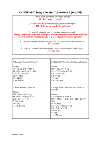 GCSE Physics Worksheets Energy Transfers (KE and EPE) Calculations w solutions