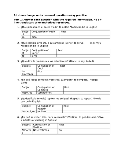 E-I stem change verbs personal questions easy practice