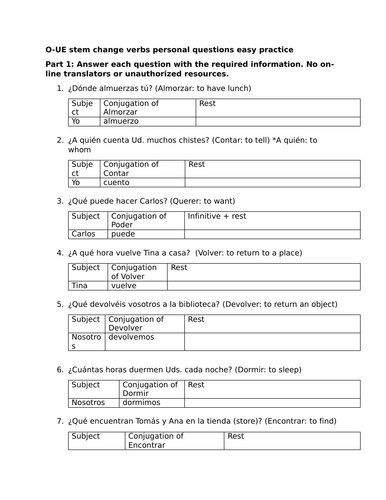 O-UE stem change verbs personal questions easy practice