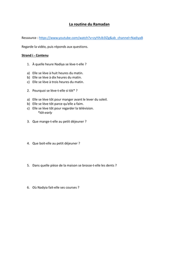 French worksheet - La routine du Ramadan (The routine of Ramadan)