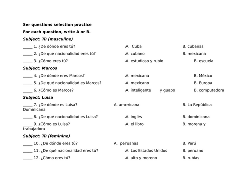 Ser questions selection practice