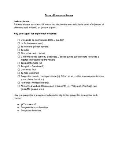 Spanish pen pals activity (Tarea correspondientes)