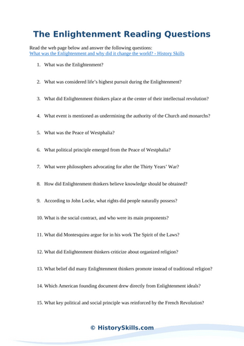 The Enlightenment Reading Questions Worksheet