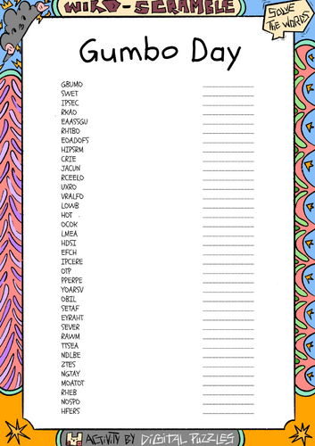 National Gumbo Day word scramble puzzle worksheet activity