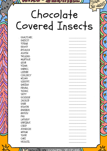 National Chocolate Covered Insects Day word scramble puzzle worksheet activity