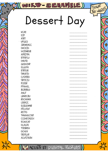 National Dessert Day word scramble puzzle worksheet activity