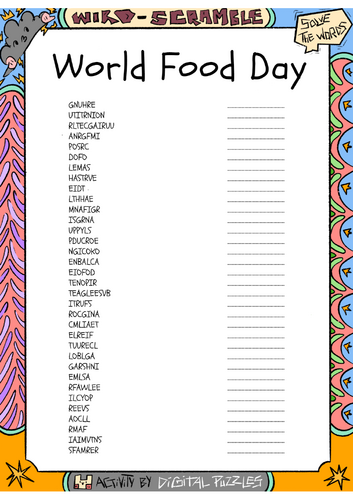 World Food Day word scramble puzzle worksheet activity