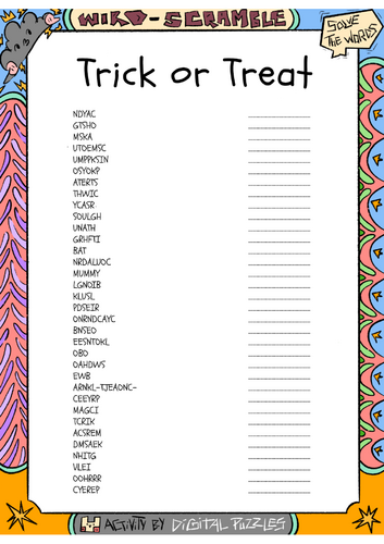 Trick or Treat Day word scramble puzzle worksheet activity