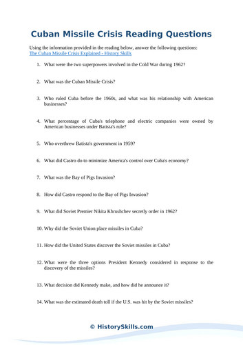 Cuban Missile Crisis Reading Questions Worksheet