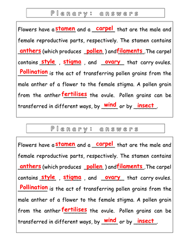 Year 8 - Reproduction - L2 Plants Worksheet