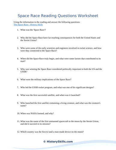 Space Race Reading Questions Worksheet