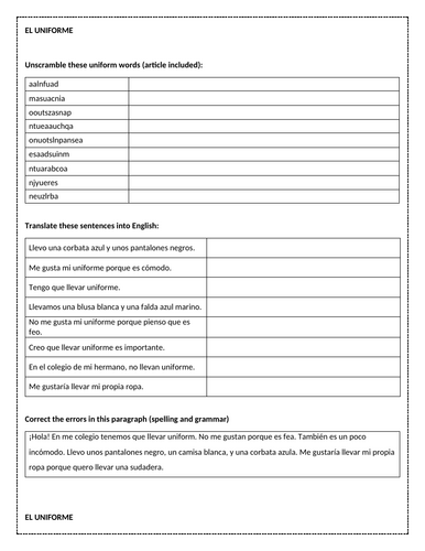 KS3 / GCSE Spanish: Mi uniforme