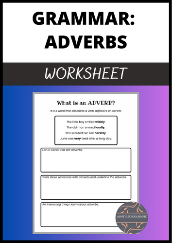 Adverb Worksheet - Parts of Speech Grammar for Middle and High School