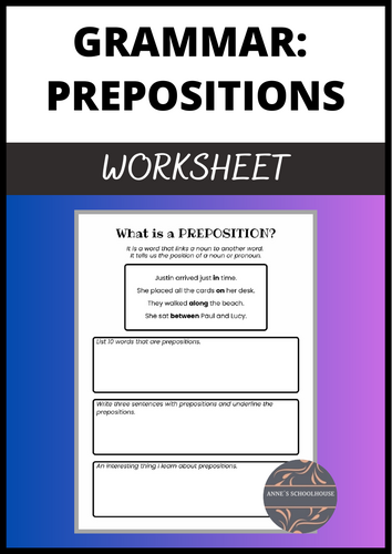 Preposition Worksheet - Parts of Speech Grammar for Middle and High School