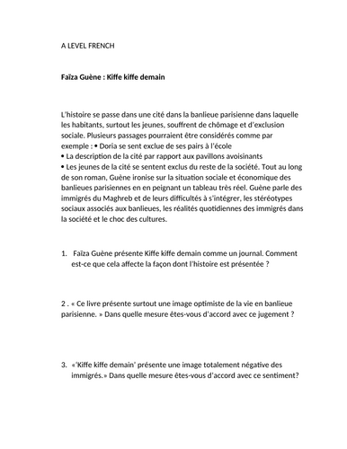 French A Level teaching resource "Kiffe Kiffe Demain"