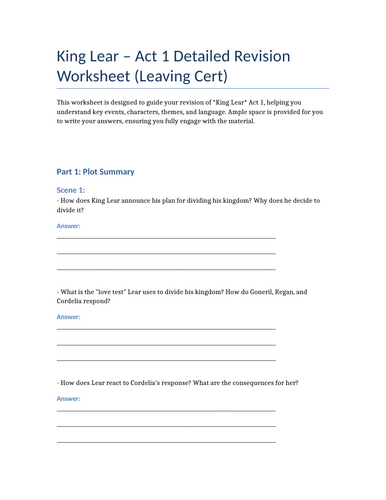 King Lear Act 1 Revision sheet