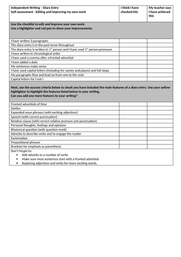 Year 4 Diary Writing - Self & Peer Assessment