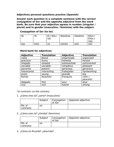 Adjectives personal questions practice (Spanish)