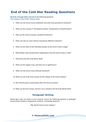 End of the Cold War Reading Questions Worksheet