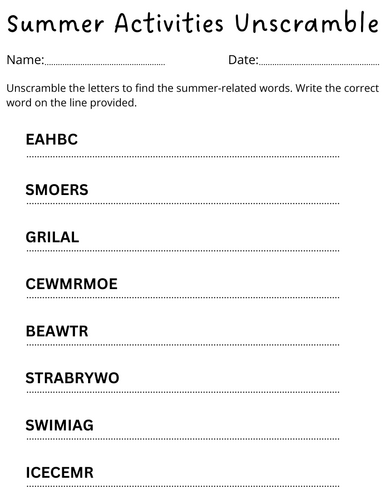 summer unscramble worksheet answers