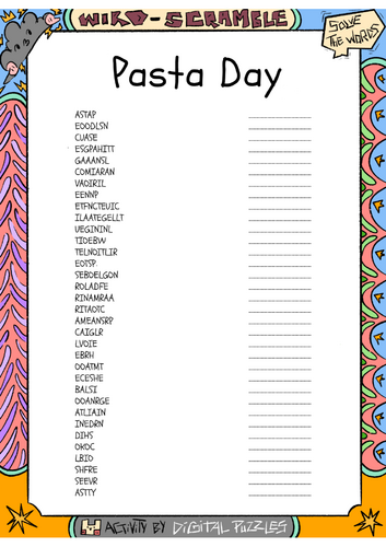 National Pasta Day word scramble puzzle worksheet activity