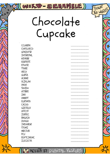 National Chocolate Cupcake Day word scramble puzzle worksheet activity