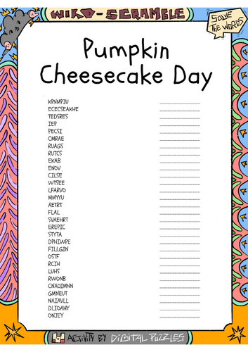 National Pumpkin Cheesecake Day word scramble puzzle worksheet activity