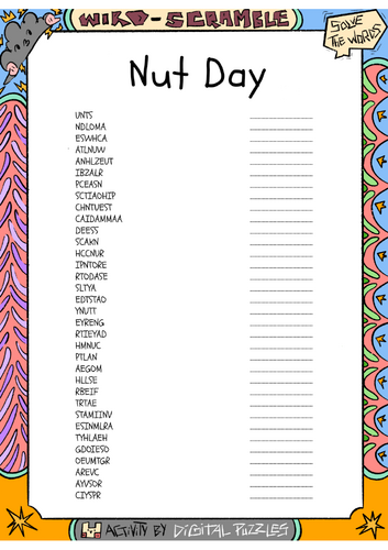 National Nut Day word scramble puzzle worksheet activity