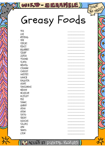 National Greasy Foods Day word scramble puzzle worksheet activity