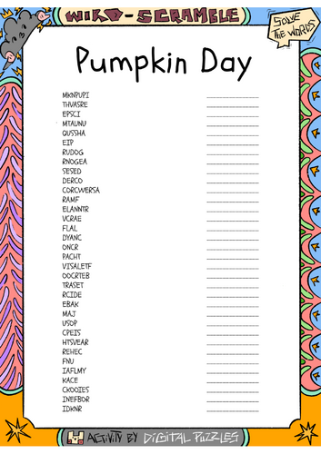 Pumpkin Day word scramble puzzle worksheet activity