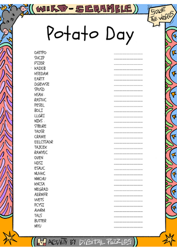 National Potato Day word scramble puzzle worksheet activity