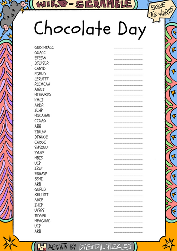 National Chocolate Day word scramble puzzle worksheet activity