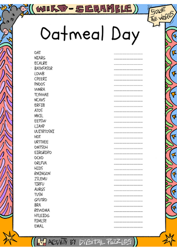 National Oatmeal Day word scramble puzzle worksheet activity