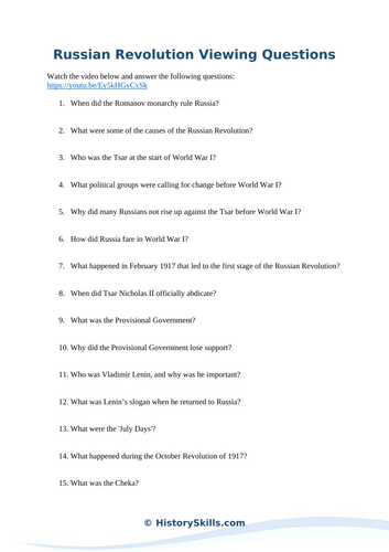 Russian Revolution Video Viewing Questions Worksheet