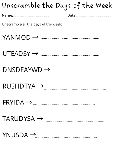 Preschool Unscramble the Days of the Week for kindergarten