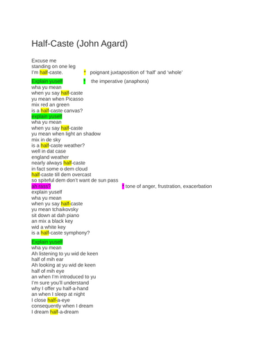 GCSE ENGLISH LITERATURE poetry analysis "Half Caste"