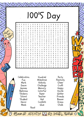 100'S Day word search puzzle worksheet activity