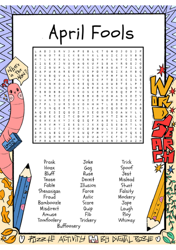 April Fools word search puzzle worksheet activity