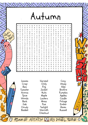 Autumn word search puzzle worksheet activity