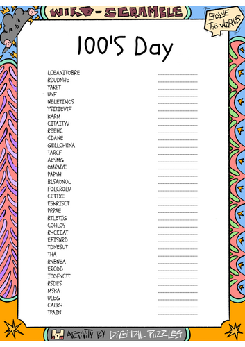 100'S Day word puzzle puzzle worksheet activity