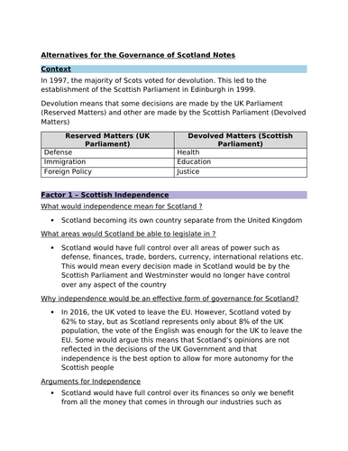 Higher Modern Studies Alternatives for the Governance of Scotland Notes | Word Document