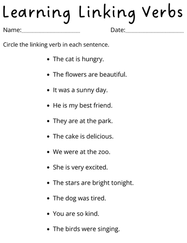 linking verbs sentences worksheets with answer key