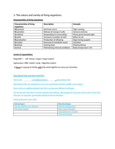 Section 1 notes: cells, cell movement and characteristics of living organisms. Biology IGCSE.