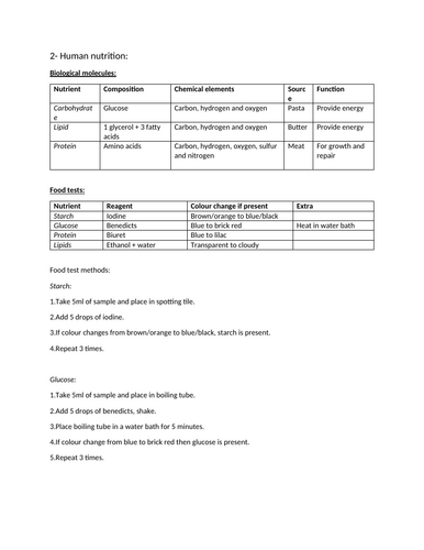 Section 2 notes: human nutrition and digestion. IGCSE Biology.