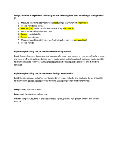 Section 4 and 5: investigating the effect of exercise on heart/breathing rate. IGCSE Biology