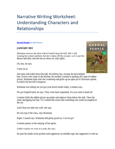 Narrative Writing Worksheet: Understanding Characters and Relationships Sally Rooney Normal People