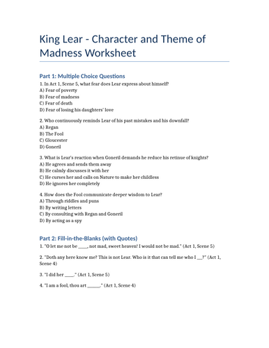 King Lear Act 1 Scene 5 Worksheet