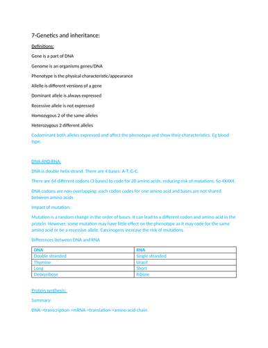 Section 7 notes: reproduction (plant and human) and inheritance. IGCSE Biology.